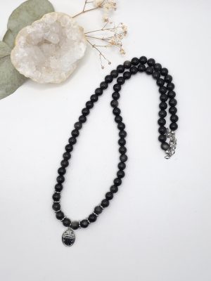 Collier Obsidienne argentée & Scarabée