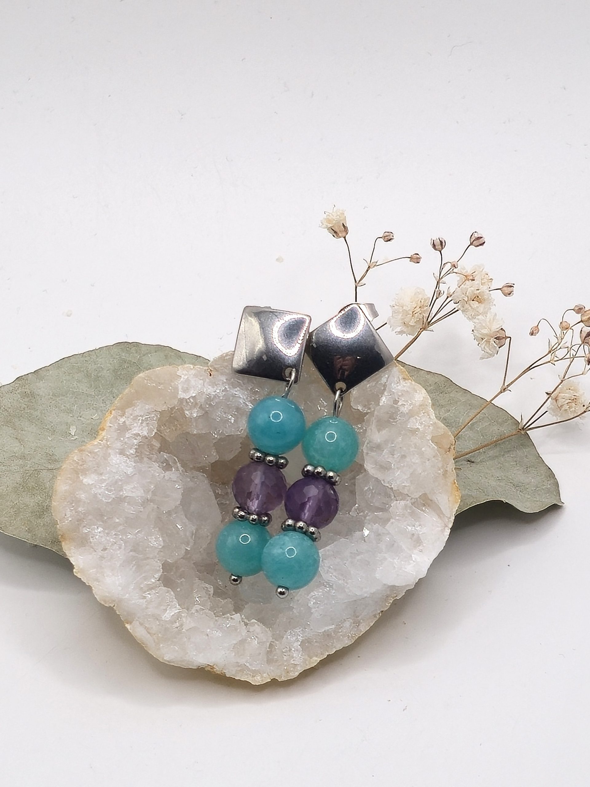 Boucles d’Oreilles Amazonite & Améthyste