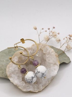 Boucles d’Oreilles Créoles Howlite & Lépidolite