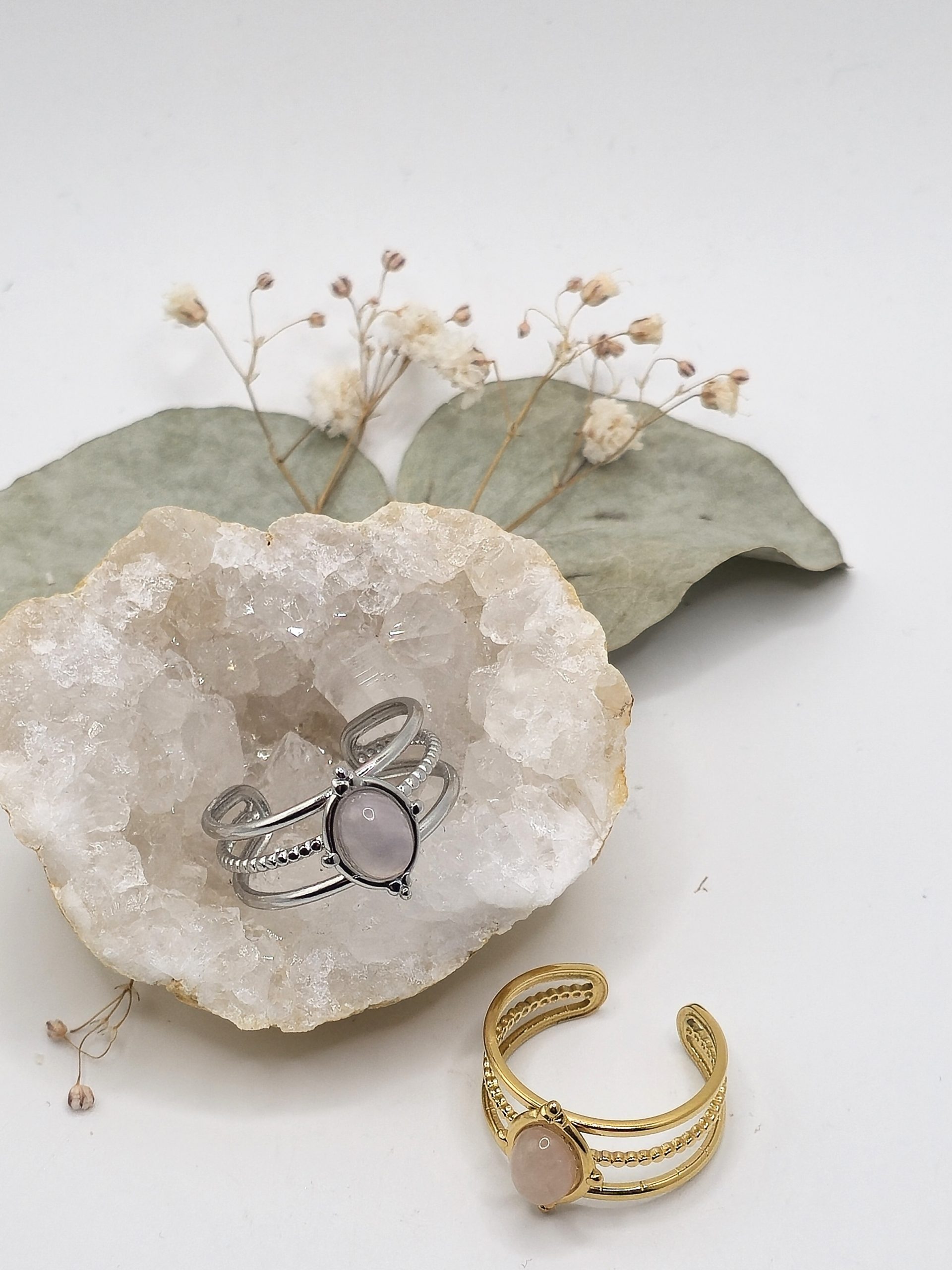 Bague quartz rose en acier inoxydable