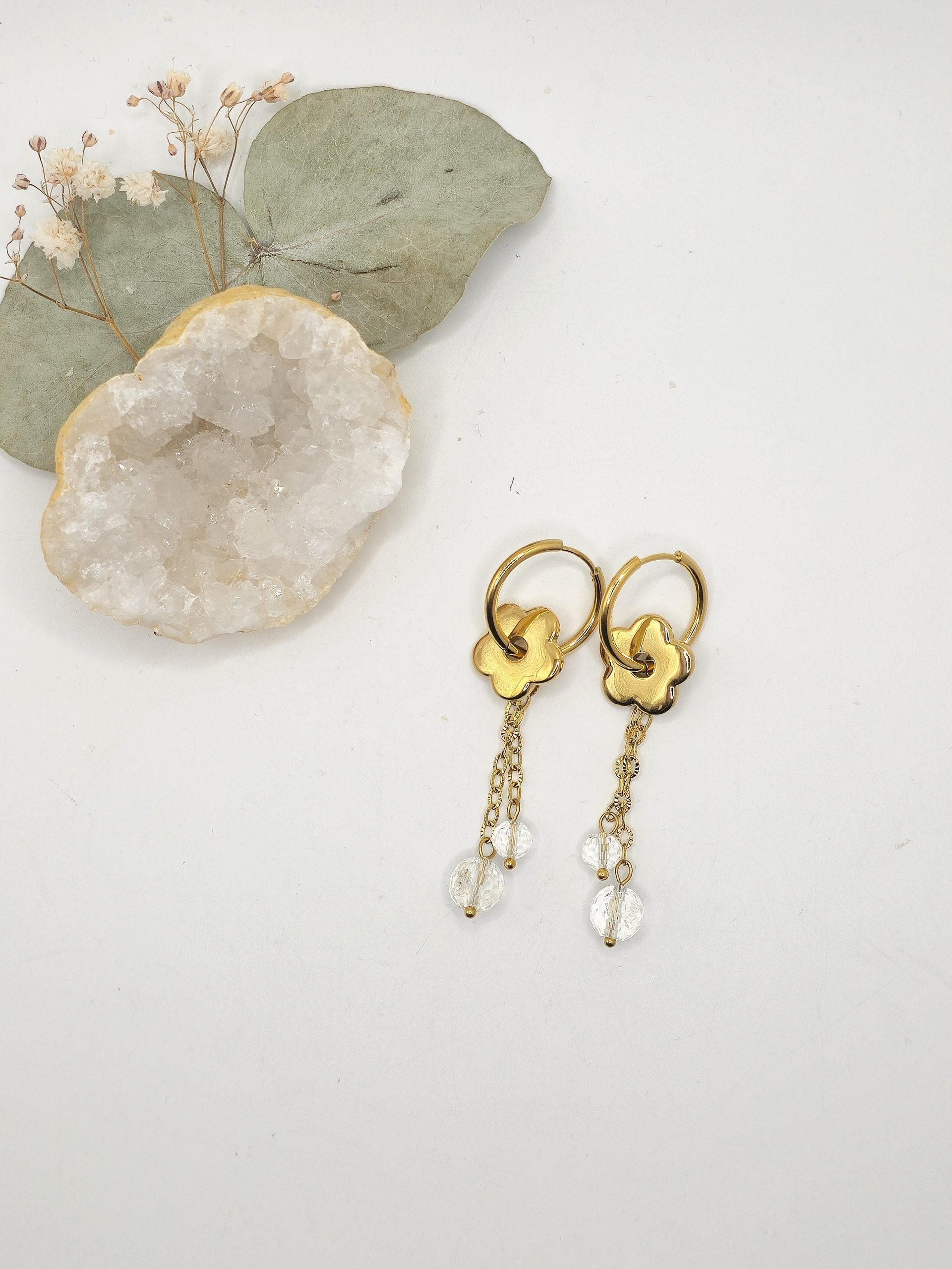 Créoles cristal de roche fleur